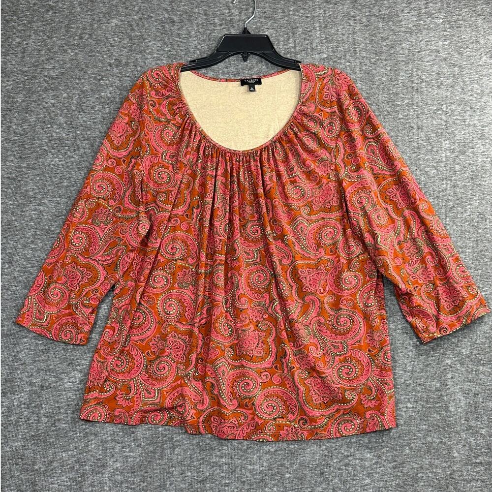 Talbots 3X Top red paisley print 3/4 sleeve Pullover Stretchy Pleated